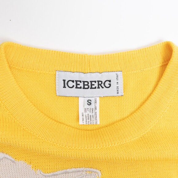 Vintage Iceberg Cat Sweater Yellow Knit Jumper Italy Cartoon Graphic Rave Party - Picture 3 of 12